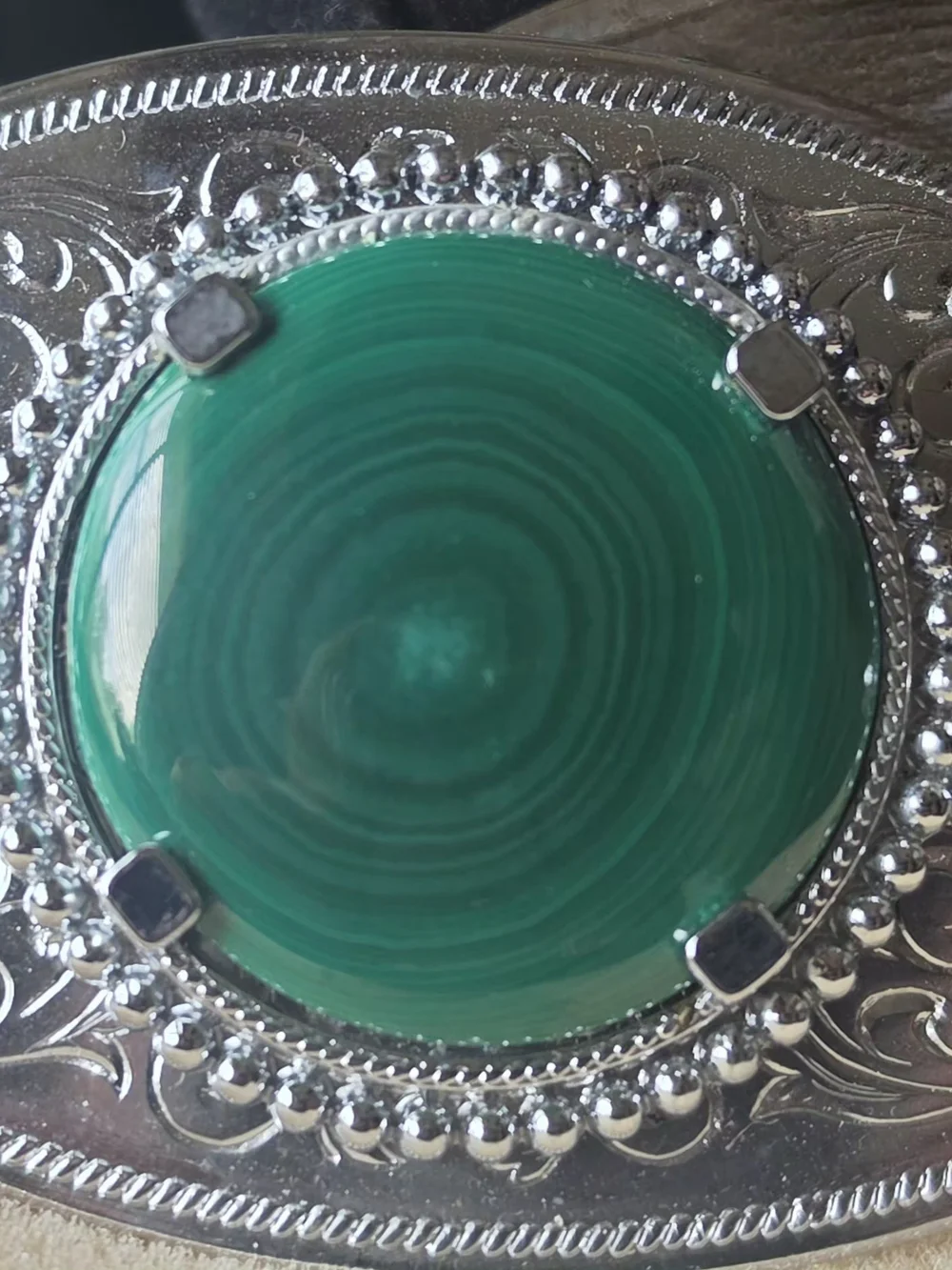 Silver Belt Buckle with Green Malachite Center